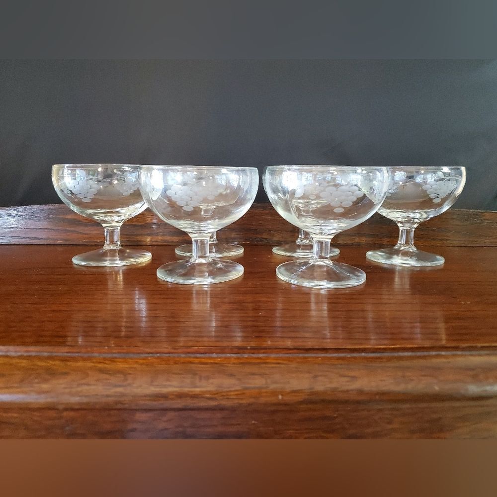 Vintage Etched Grape Champagne Sherbet or Toasting Glasses
